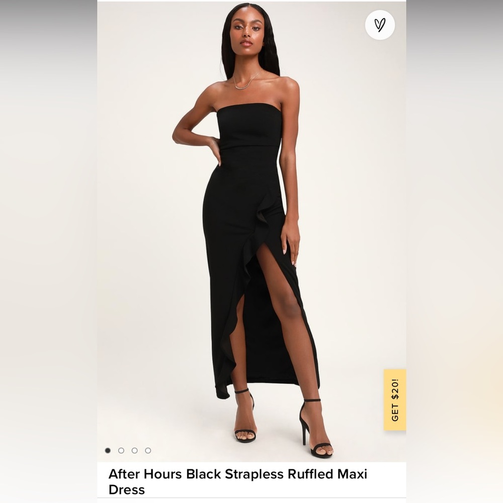 Lulu’s black strapless ruffled maxi dress